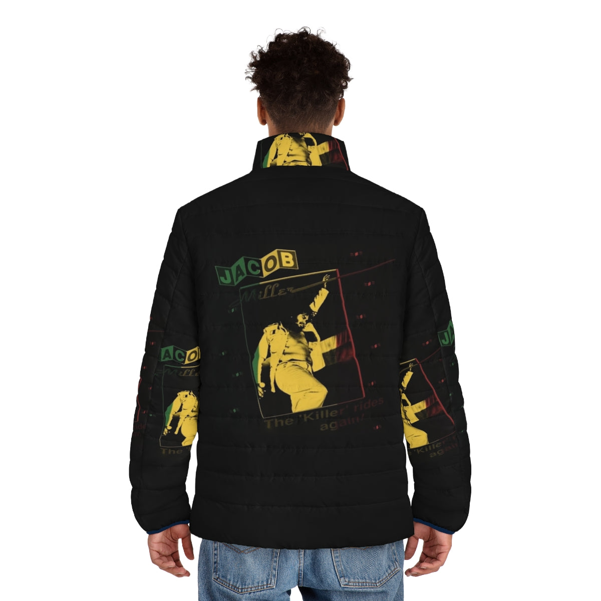 Rasta-inspired Jacob Miller puffer jacket with vibrant colors and reggae vibes - men back