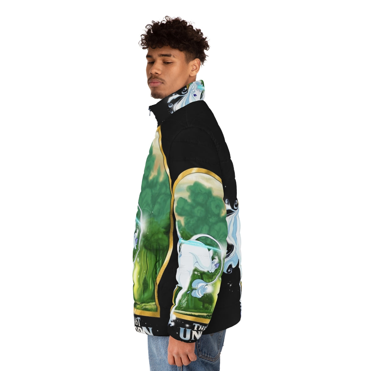 "The Last Unicorn" themed puffer jacket featuring a unicorn design - men side left