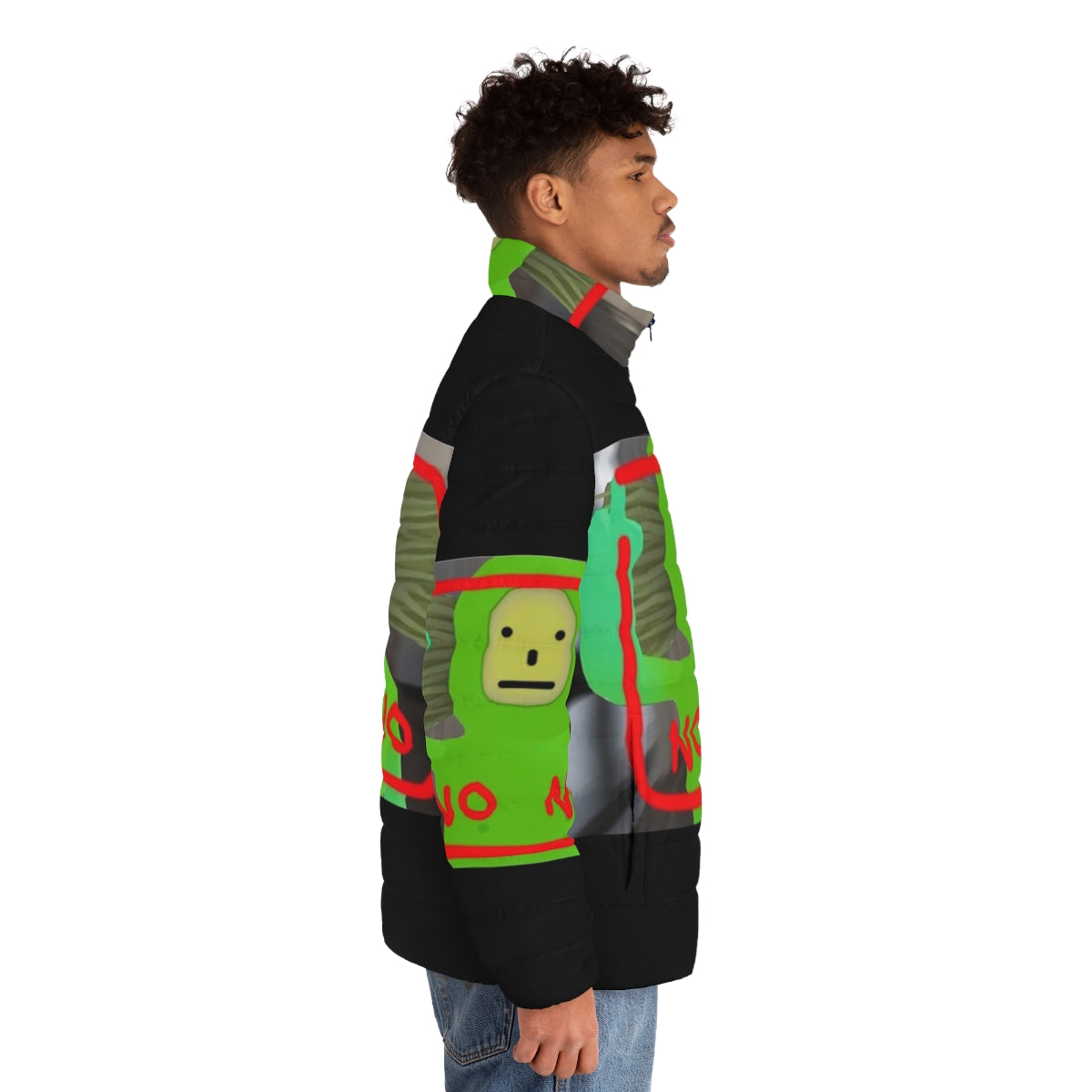 No No Square Puffer Jacket featuring a green and red design inspired by the popular YouTube meme - men side right