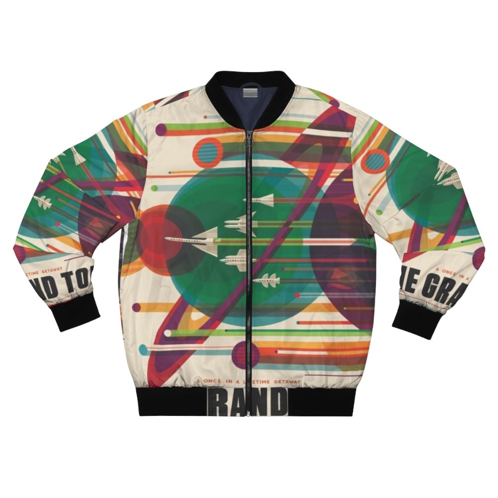 Retro space bomber jacket with vintage space travel design