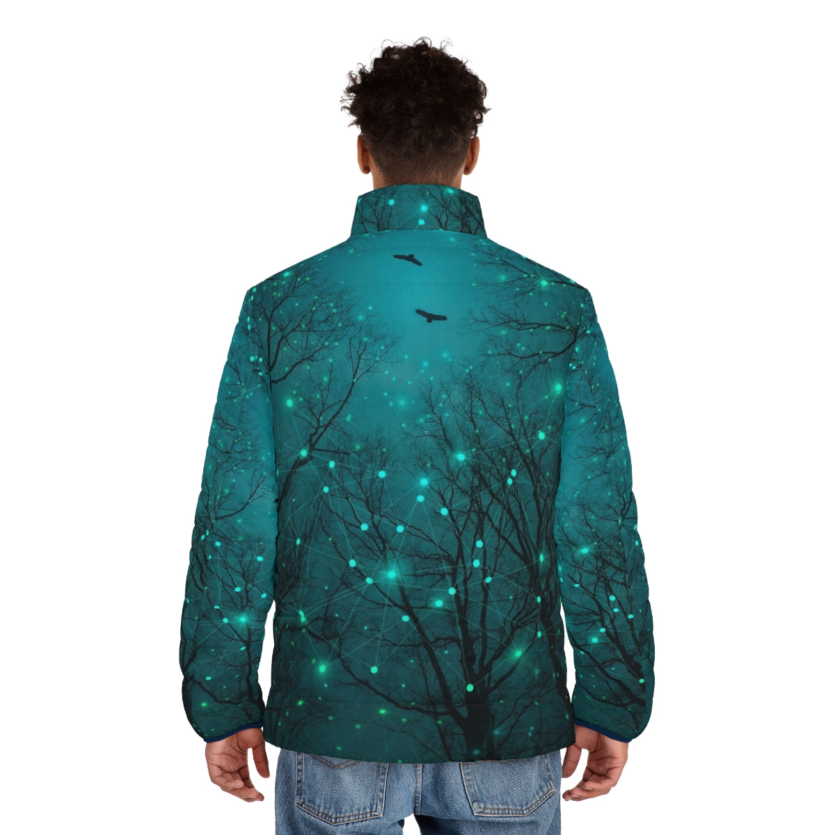 Puffer jacket featuring a glow-in-the-dark design of abstract tree silhouettes against a starry night sky - men back