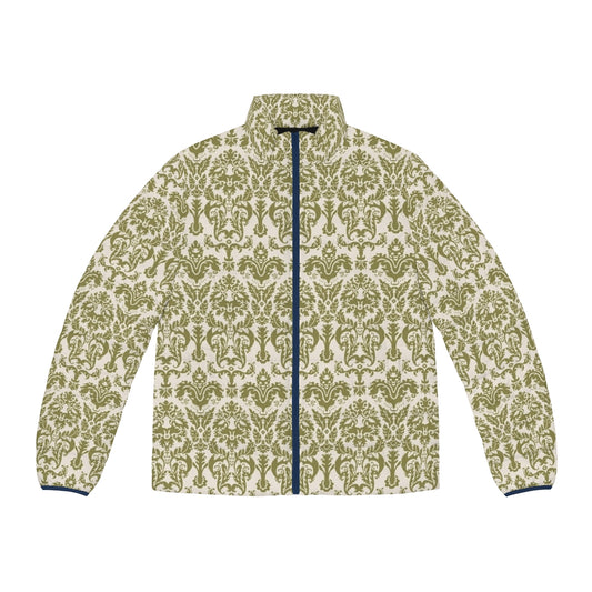 The Sound of Music Curtain Puffer Jacket featuring a damask pattern inspired by the iconic curtain drapes from the beloved musical