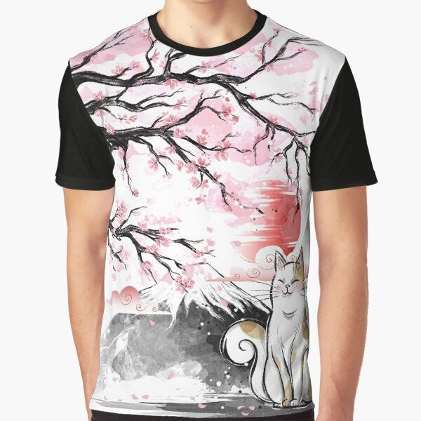 Sakura cat graphic print t-shirt with cherry blossom design