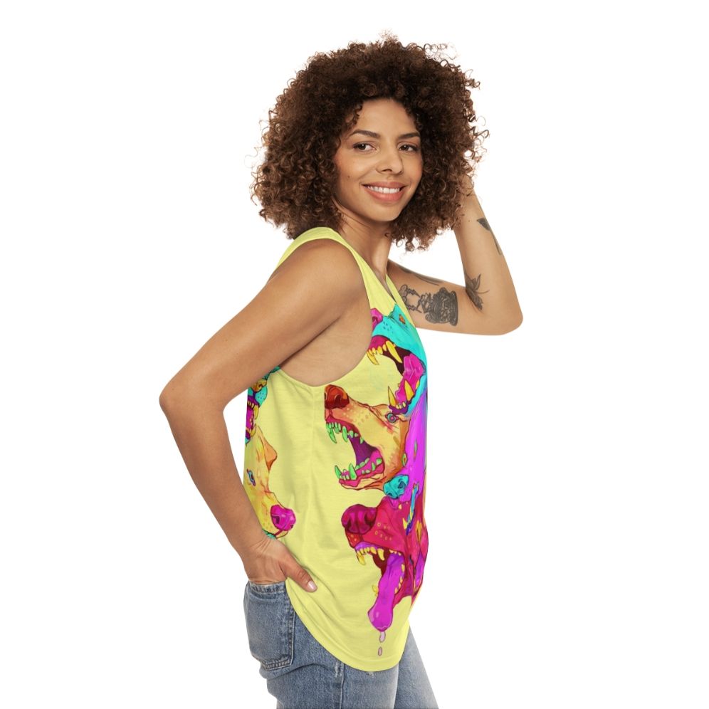 Pileup Unisex Tank Top with Colorful Monster Teeth Graphic - women side