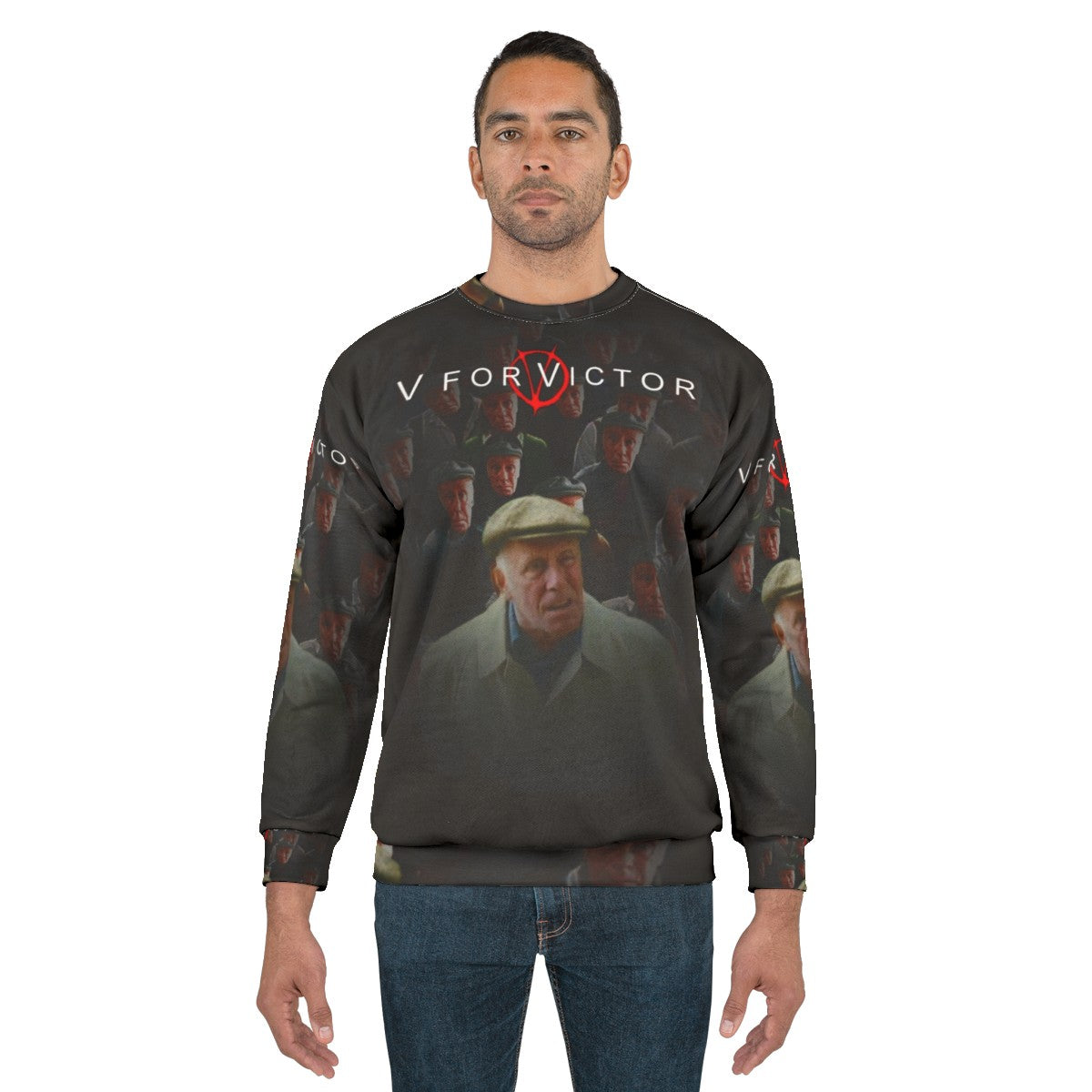 "V For Victor" graphic design on a cozy sweatshirt - men