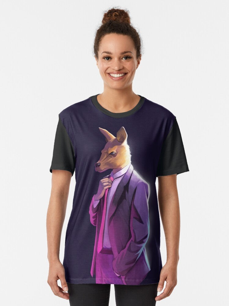 Graphic t-shirt featuring the Atheism Is Unstoppable logo and a kangaroo in a suit - Women