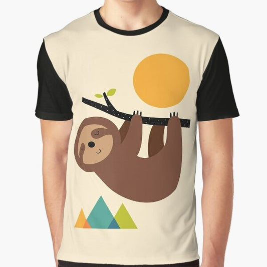 A graphic t-shirt design featuring a relaxed sloth in a natural landscape