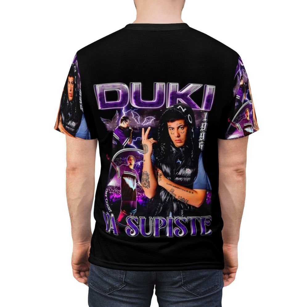 Duki inspired all-over print t-shirt with trap music and argentinian artist graphics - men back