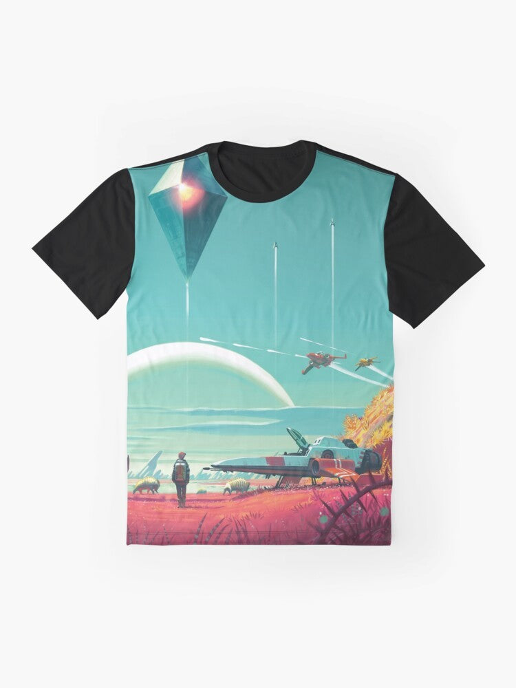 No Man's Sky Horizon Graphic T-Shirt, featuring a space-themed design with a spaceship and galaxy - Flat lay