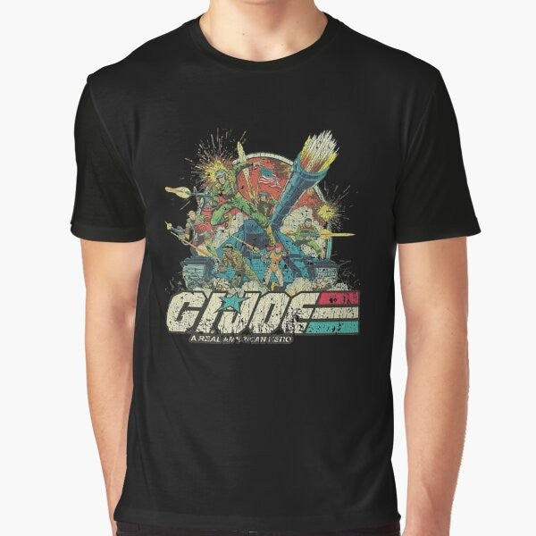 Vintage GI Joe Real American Heroes graphic t-shirt design featuring the iconic characters and symbols from the 1980s cartoon series.