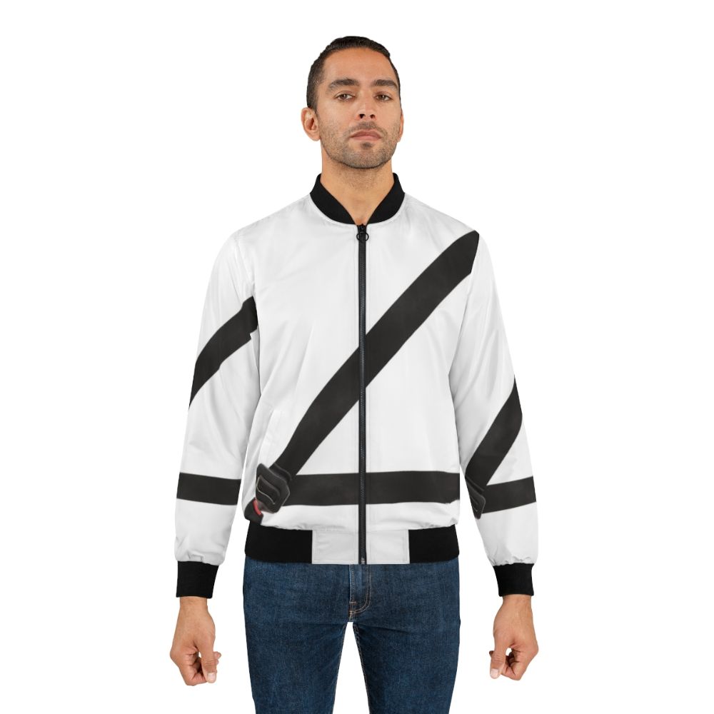 A bomber jacket with a fake seatbelt design, promoting car safety. - Lifestyle