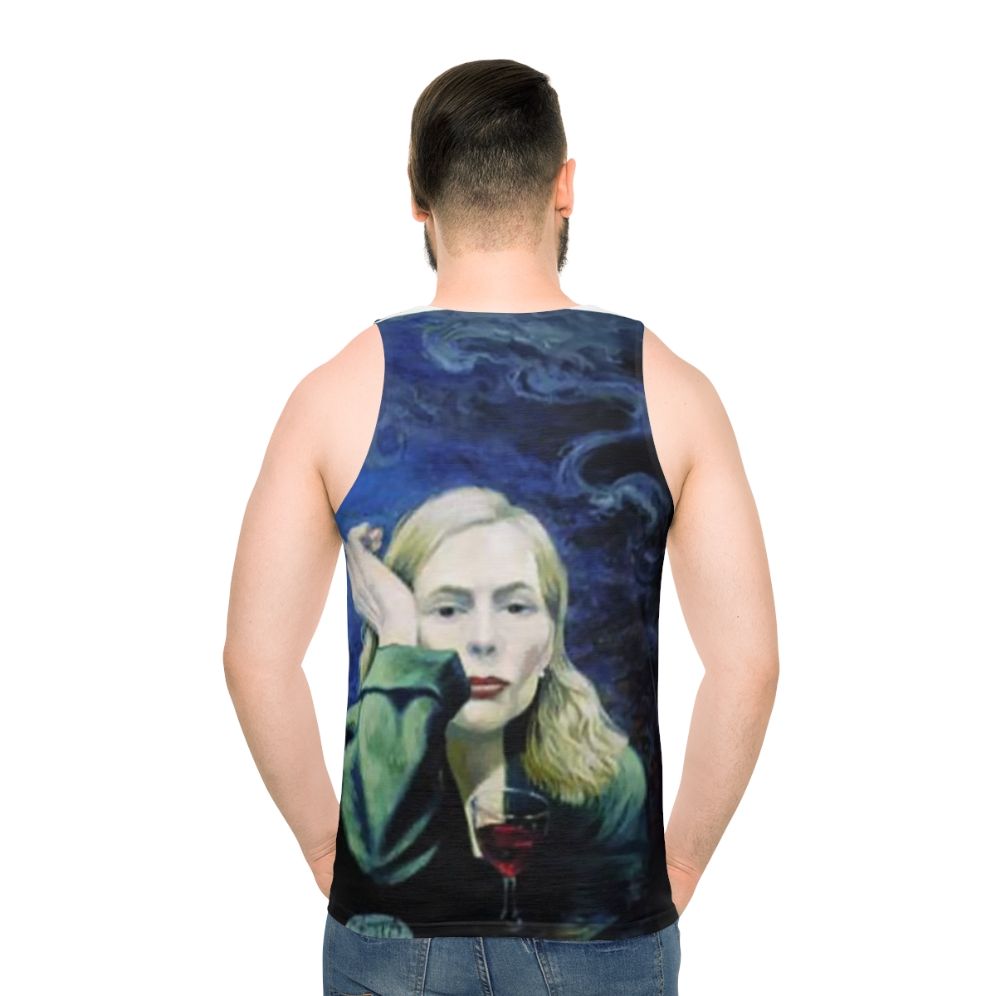 Unisex tank top featuring Joni Mitchell inspired "Both Sides Now" pop art design - men back