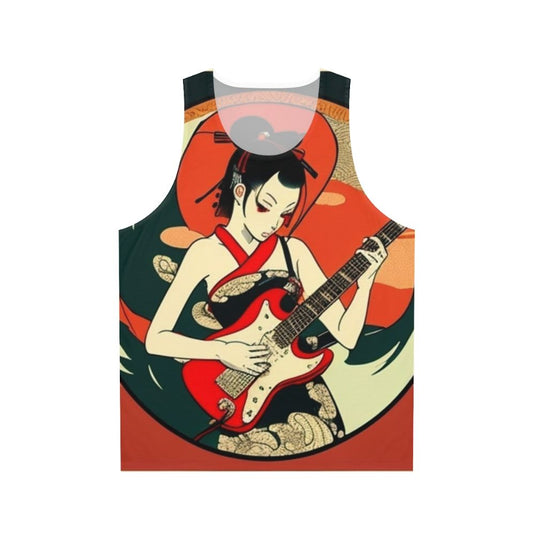 Japanese girl playing guitar on a unisex tank top