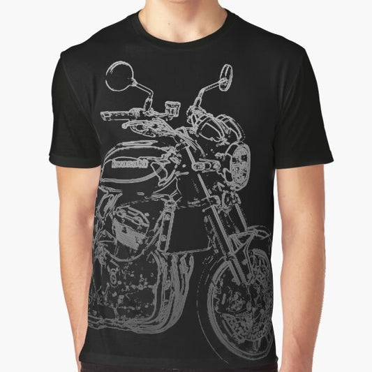 Kawasaki Z900RS motorcycle in a retro pencil silhouette graphic design