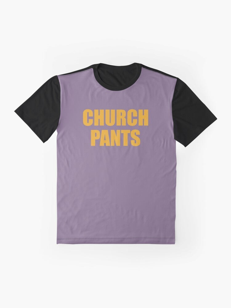 Graphic t-shirt featuring the iconic "iCarly" character Penny and her church pants - Flat lay