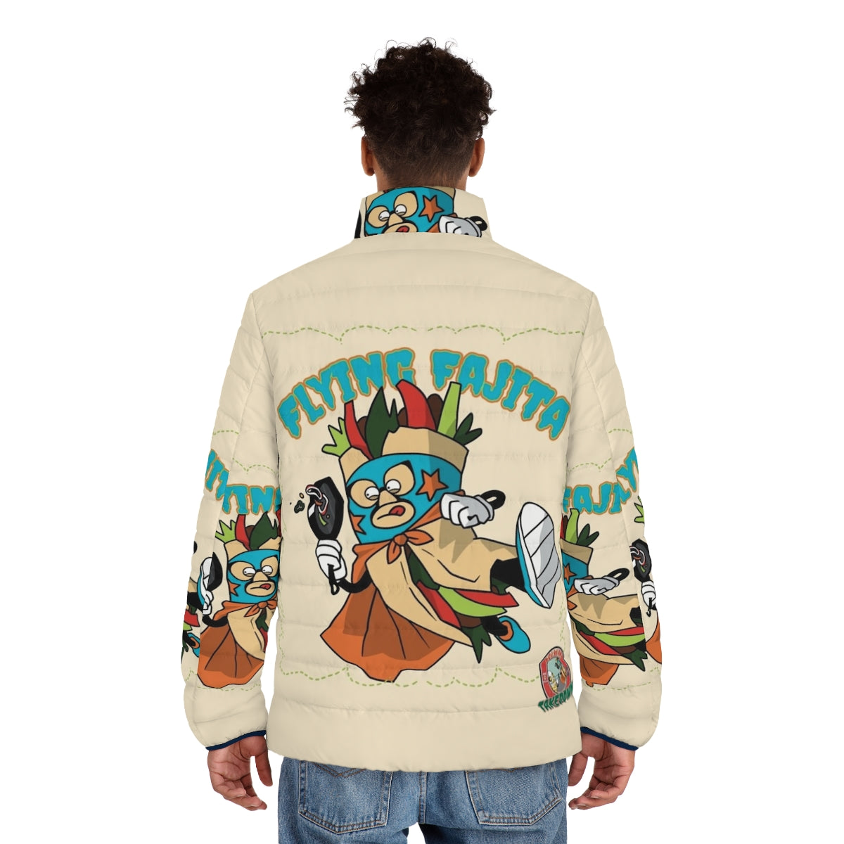 Vibrant puffer jacket with Mexican wrestling and food design - men back