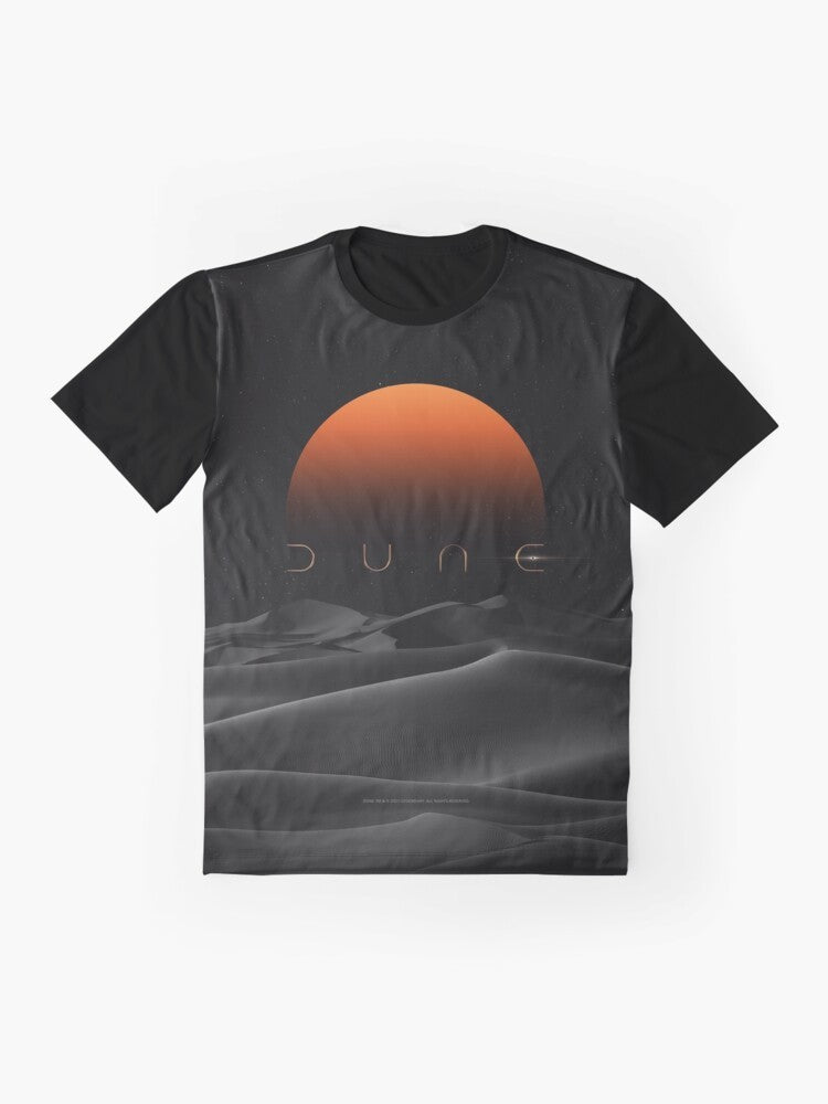 Dune movie fan art t-shirt featuring a stunning sunset graphic in orange and black - Flat lay