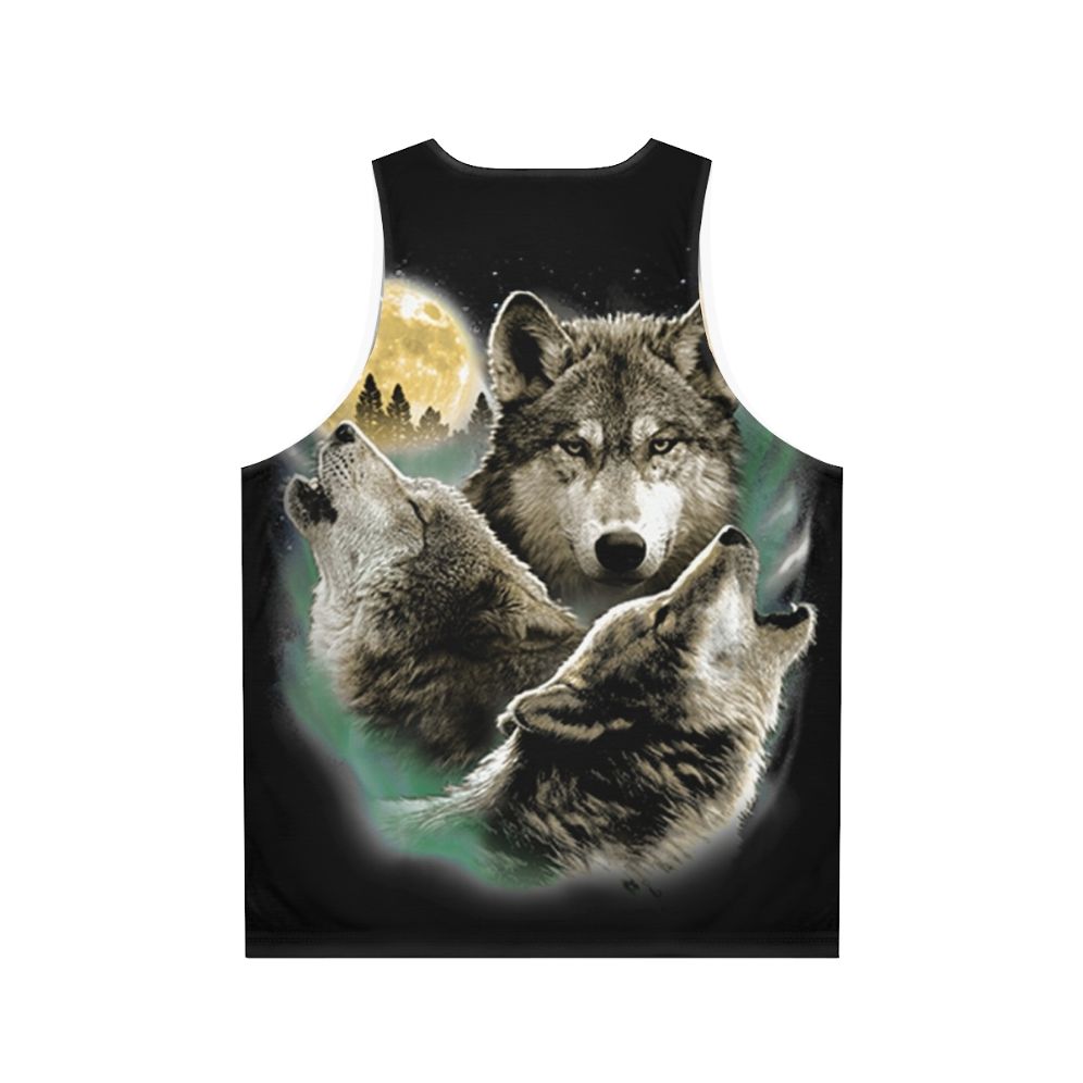 Unisex tank top with three wolves howling at the full moon in the wilderness - Back