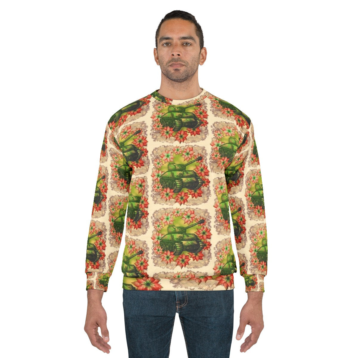 Festive military-inspired Christmas sweatshirt with camouflage pattern and poinsettia print - men