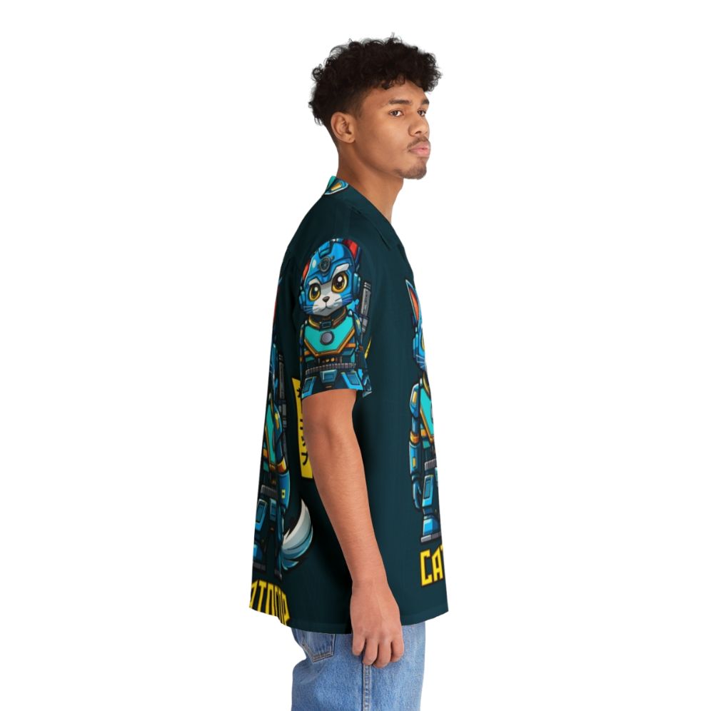 Catocop Futuristic Hawaiian Shirt featuring a crime fighting cat police officer in a sci-fi inspired cartoon design - People Pight