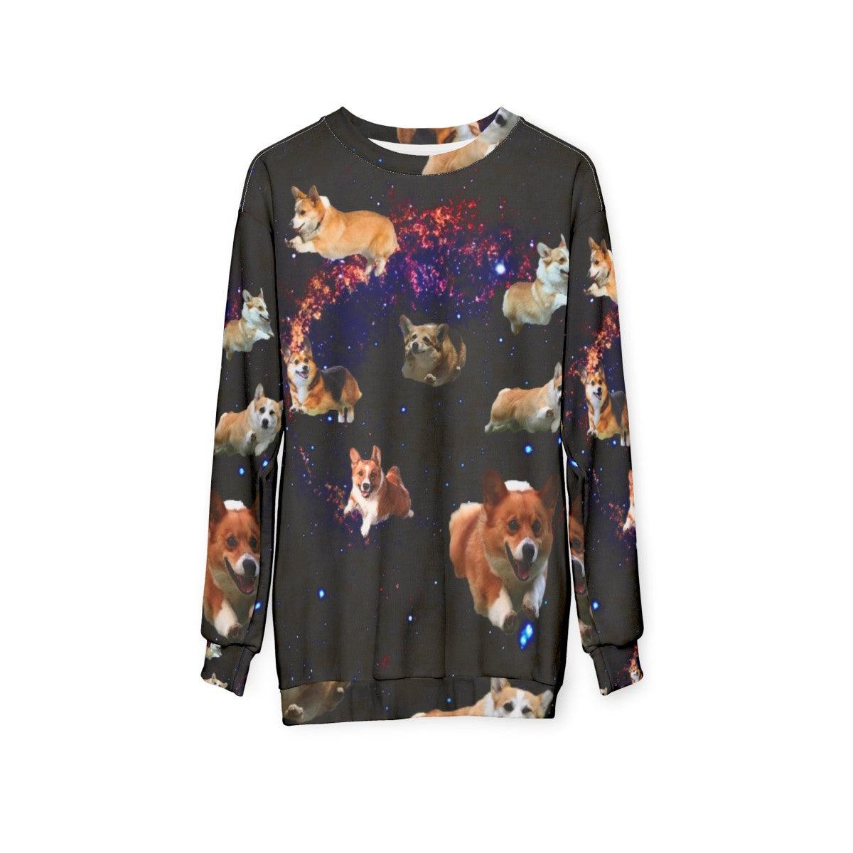 Space Corgis Sweatshirt featuring a trippy, celestial design with a cute corgi - hanging