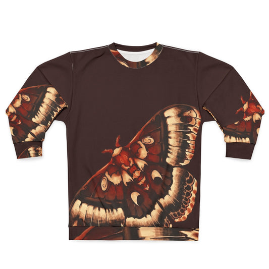 Cecropia moth graphic on a cozy sweatshirt