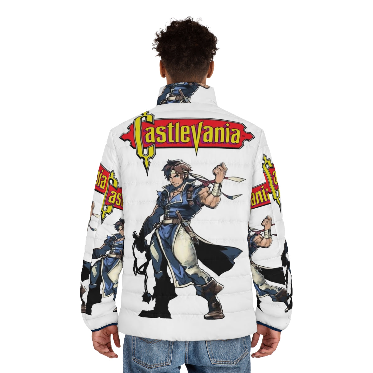 Castlevania inspired puffer jacket featuring characters like Alucard, Trevor Belmont, and Sypha Belnades - men back