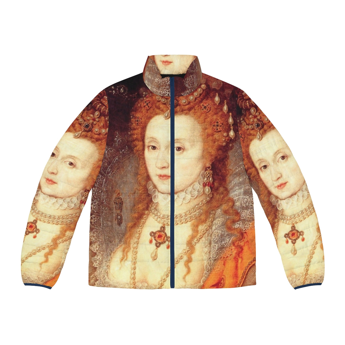 Elizabeth I portrait puffer jacket featuring a vibrant historical design