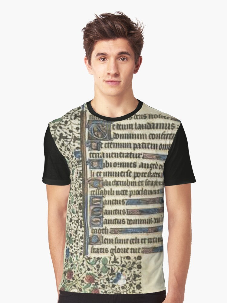 Intricate and ornate illuminated manuscript page design on a graphic t-shirt - Men