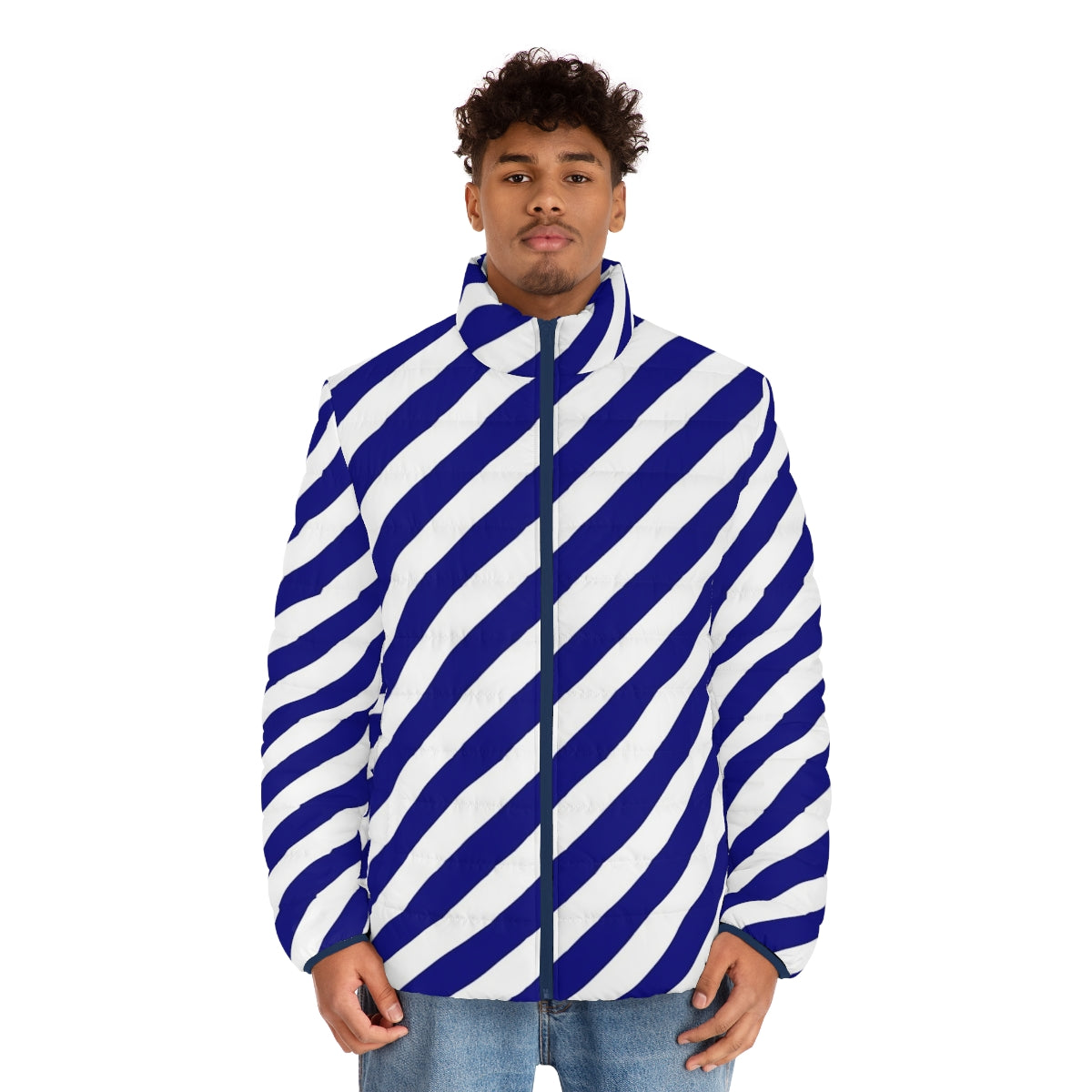 Blue and white diagonal stripe puffer jacket - men front