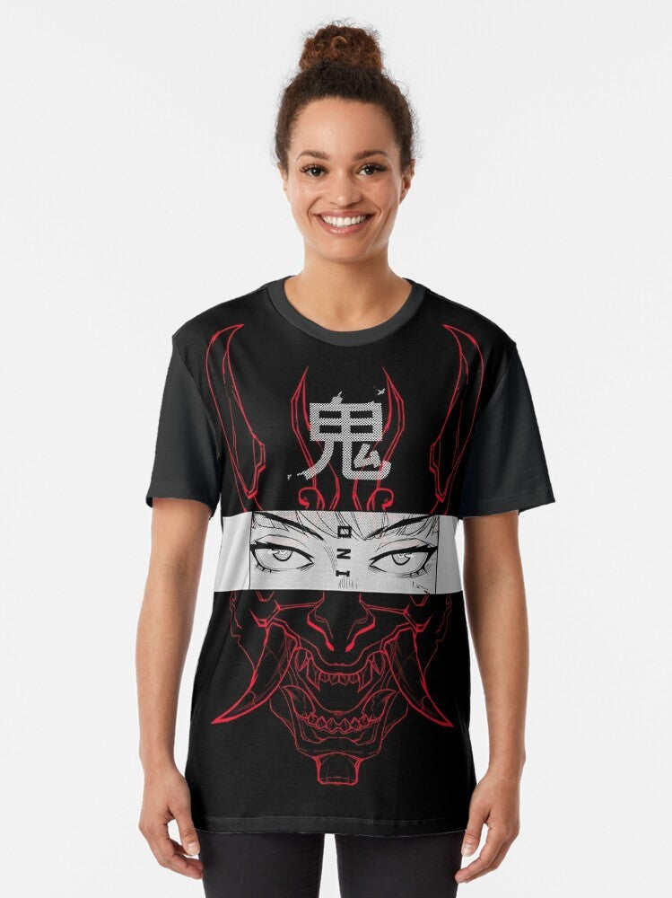 Minimalist red oni Japanese folklore graphic t-shirt with halftone eyes and futuristic cyberpunk design. - Women