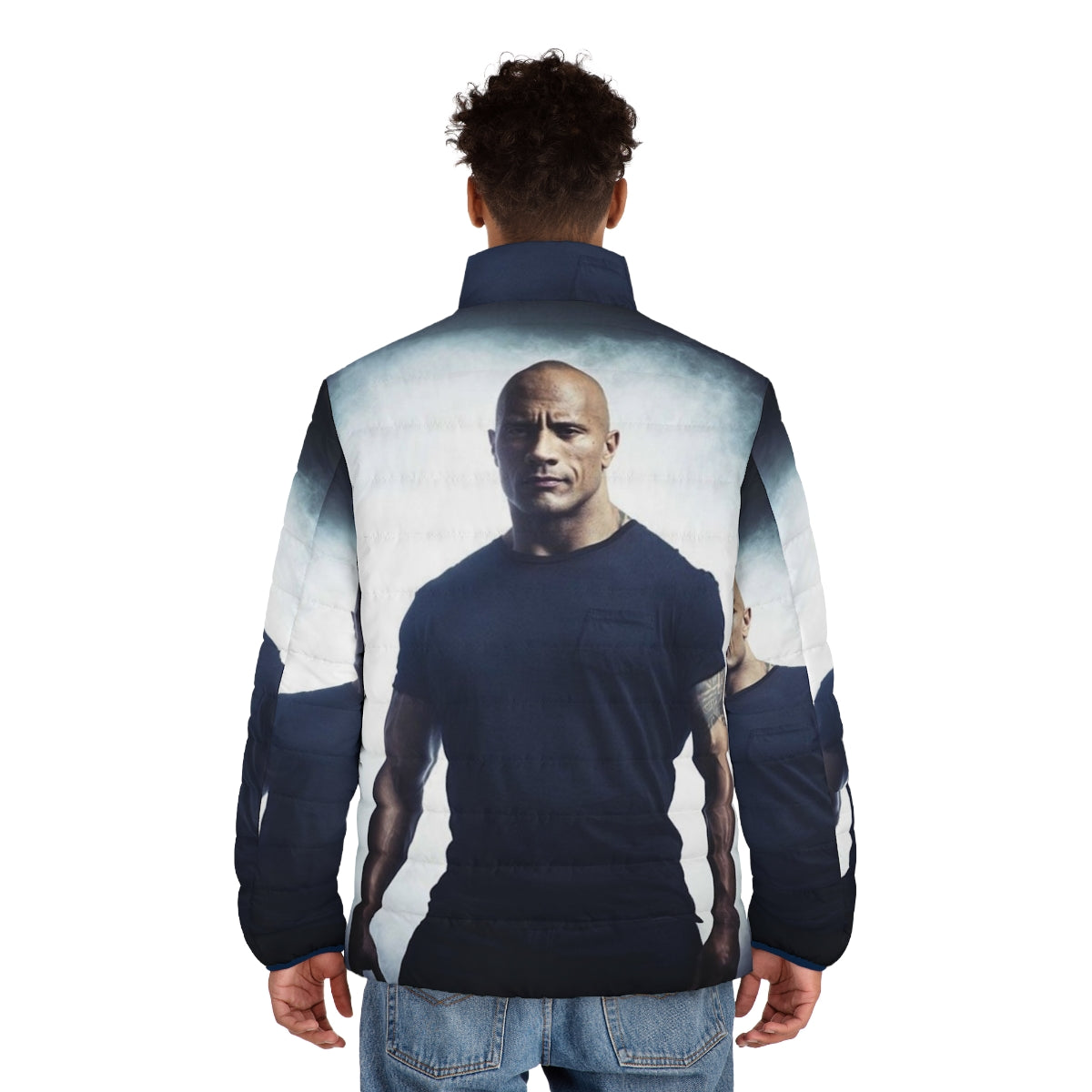 Dwayne Johnson wearing a black puffer jacket - men back