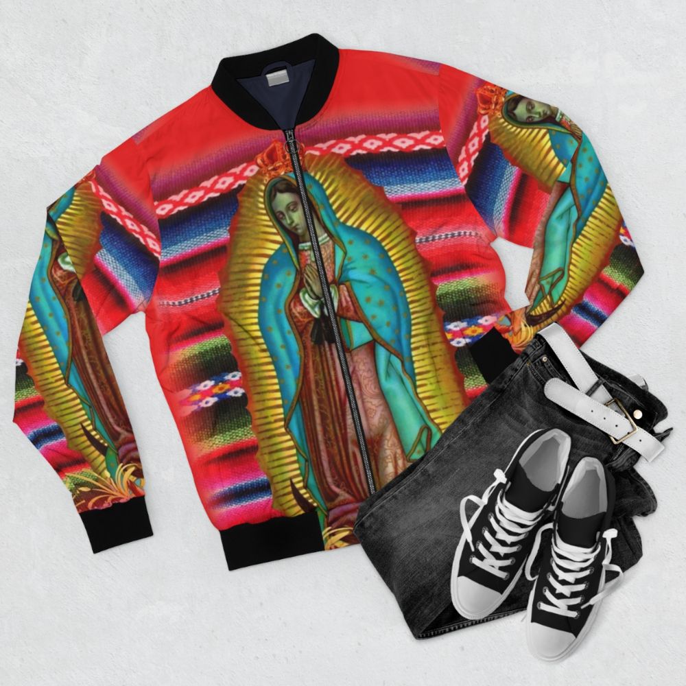 Our Lady of Guadalupe Virgin Mary Mexican Red Bomber Jacket - Flat lay