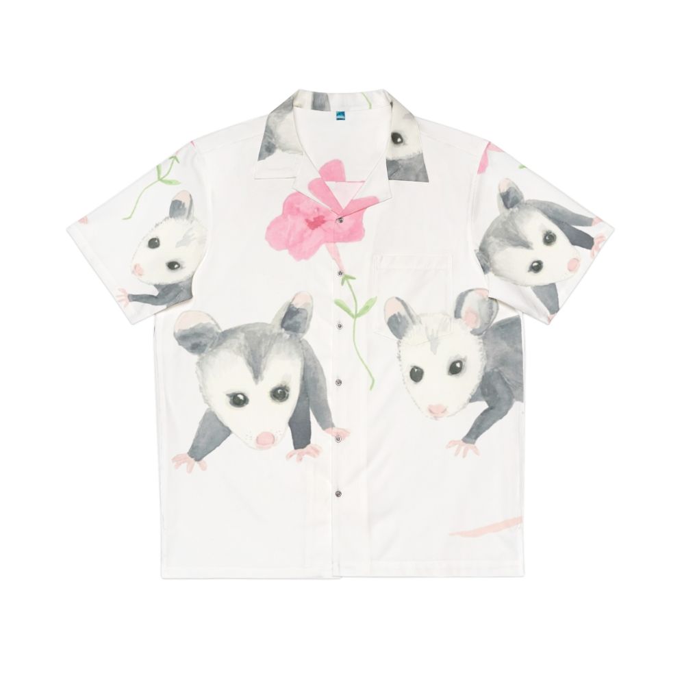 Cute baby opossum and pink petunias on a Hawaiian-style shirt