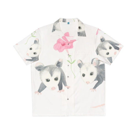 Cute baby opossum and pink petunias on a Hawaiian-style shirt