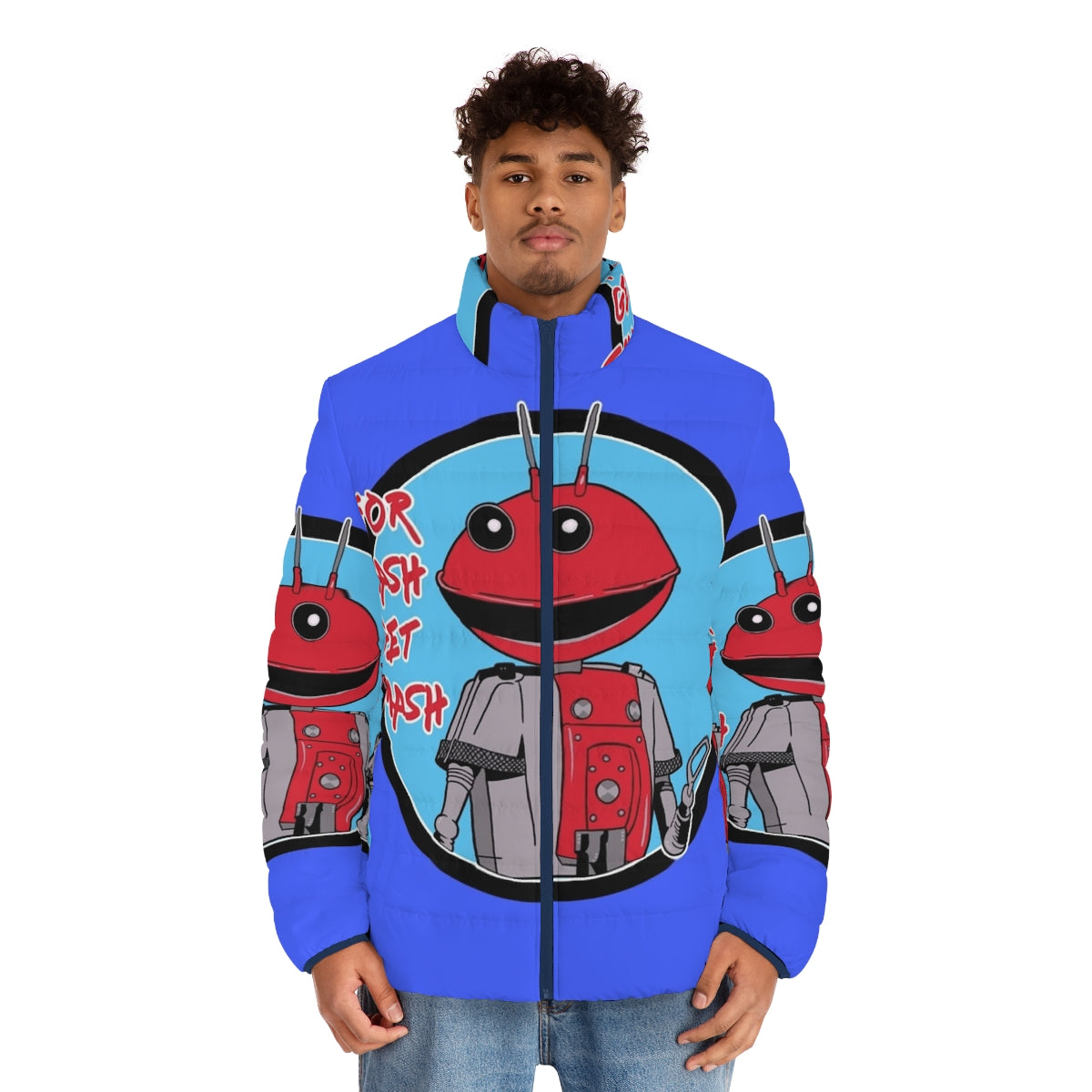 "For Mash Get Smash" 80s Retro Puffer Jacket with Robot and Alien Design - men front