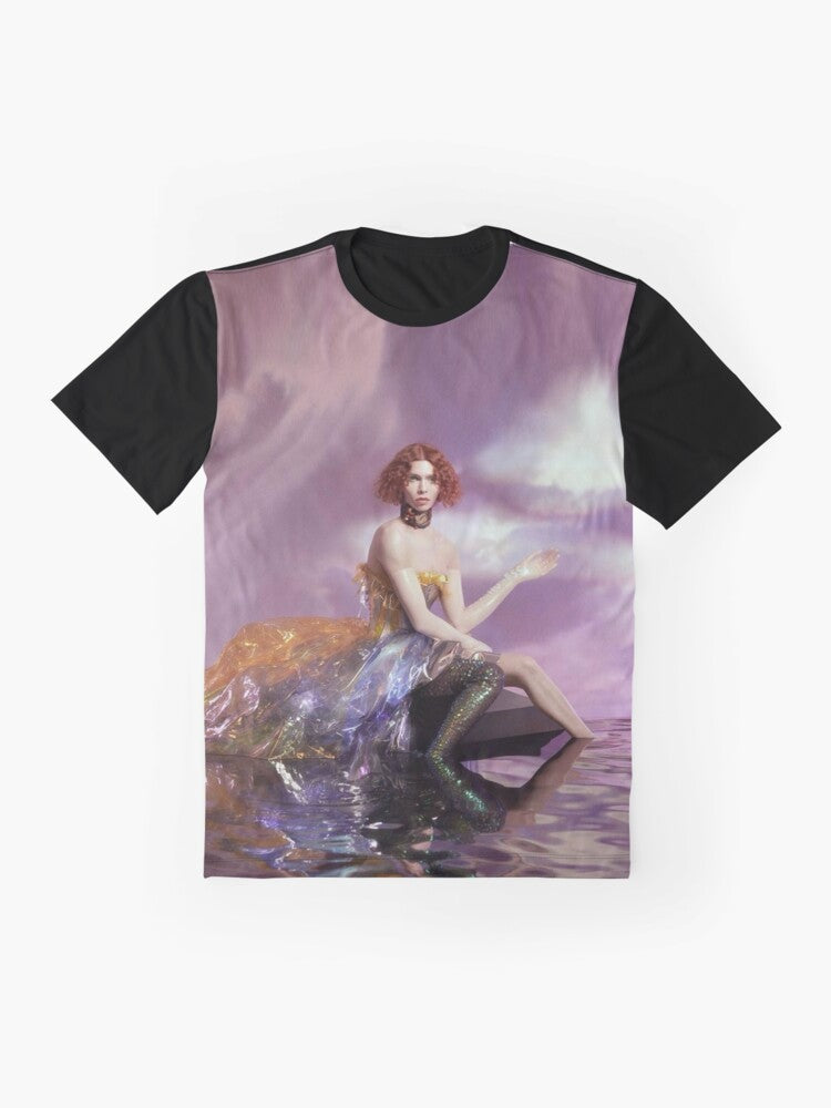 Graphic T-shirt featuring the name "SOPHIE" in an iridescent, ethereal design with LGBTQ+ and electronic music themes. - Flat lay