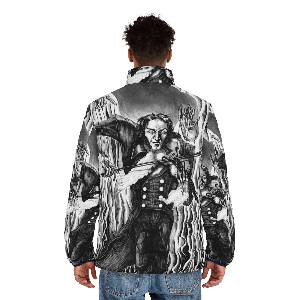 Puffer jacket featuring a dark illustration of Niccolo Paganini, the famous devil violinist - men back