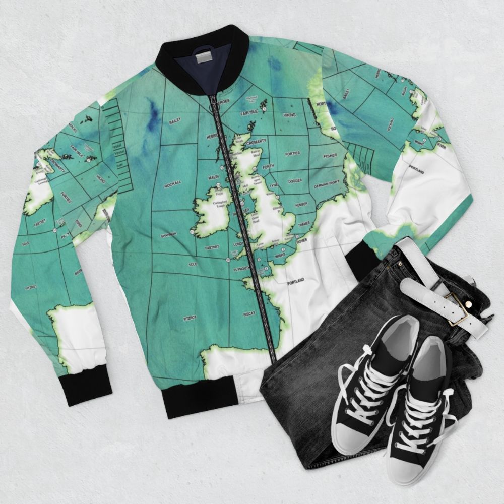 Shipping Forecast BBC Radio 4 Bomber Jacket featuring a map design - Flat lay