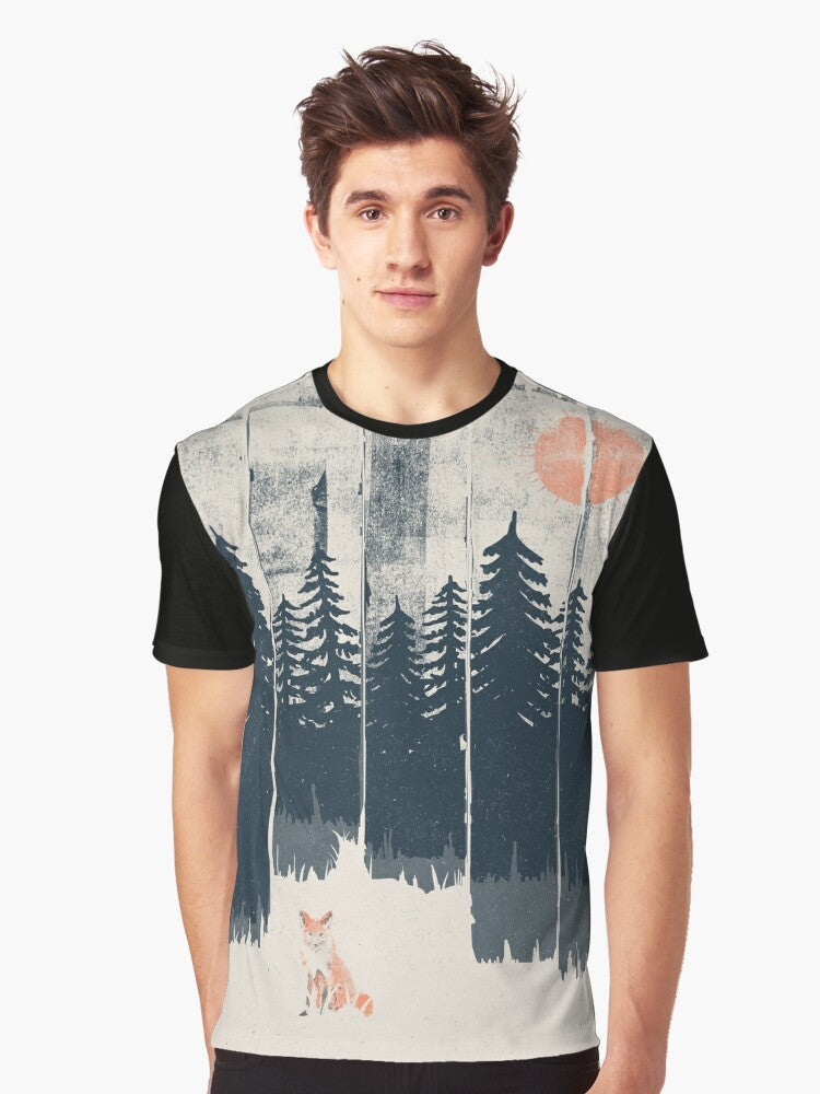 Graphic illustration of a fox in the wild, surrounded by mountains and trees - Men