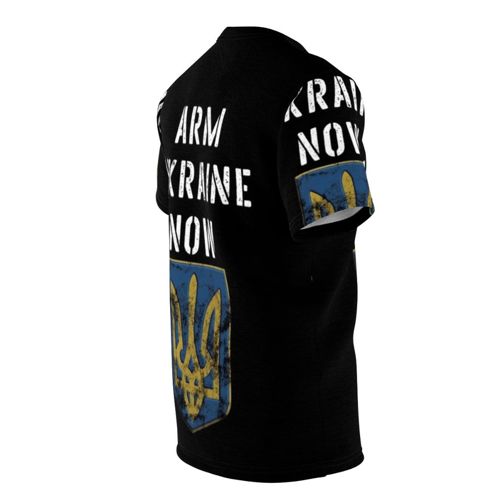 Ukrainian resistance t-shirt in blue and yellow colors featuring Ukrainian symbols and a call to action to support Ukraine against the Russian invasion. - men right