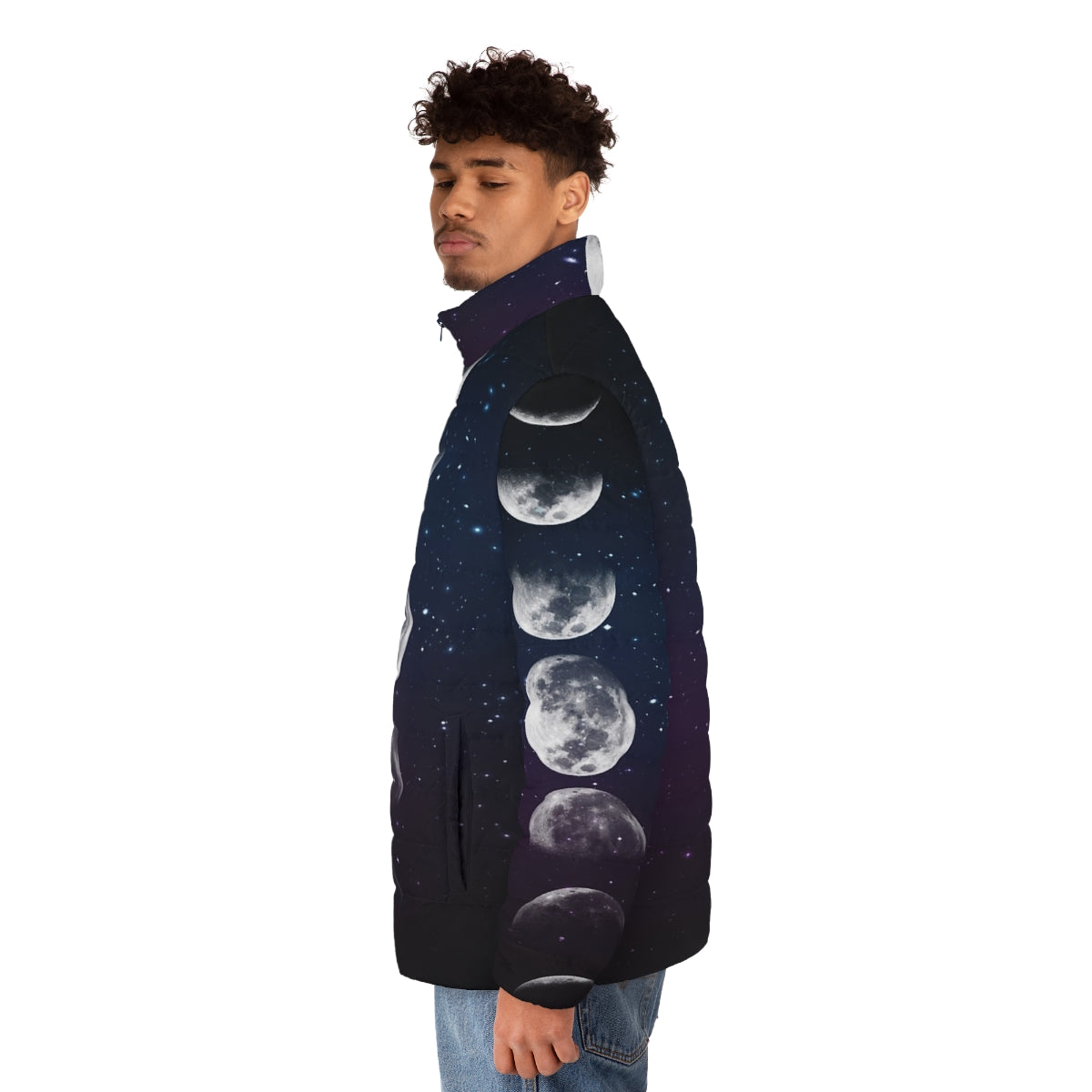 Phases of the Moon Puffer Jacket - Watercolor Galaxy Print Outerwear - men side left