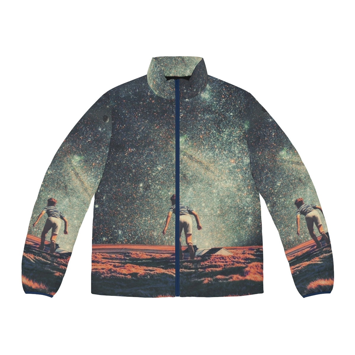 Nostalgic retro puffer jacket with pop art cosmic landscape design