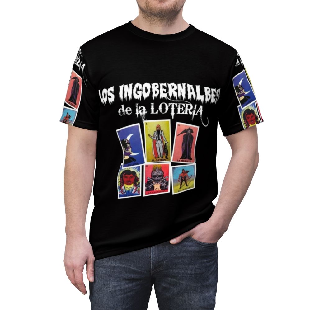 Stylized graphic tee featuring the Los Ingobernables de Japon logo from New Japan Pro Wrestling - men front