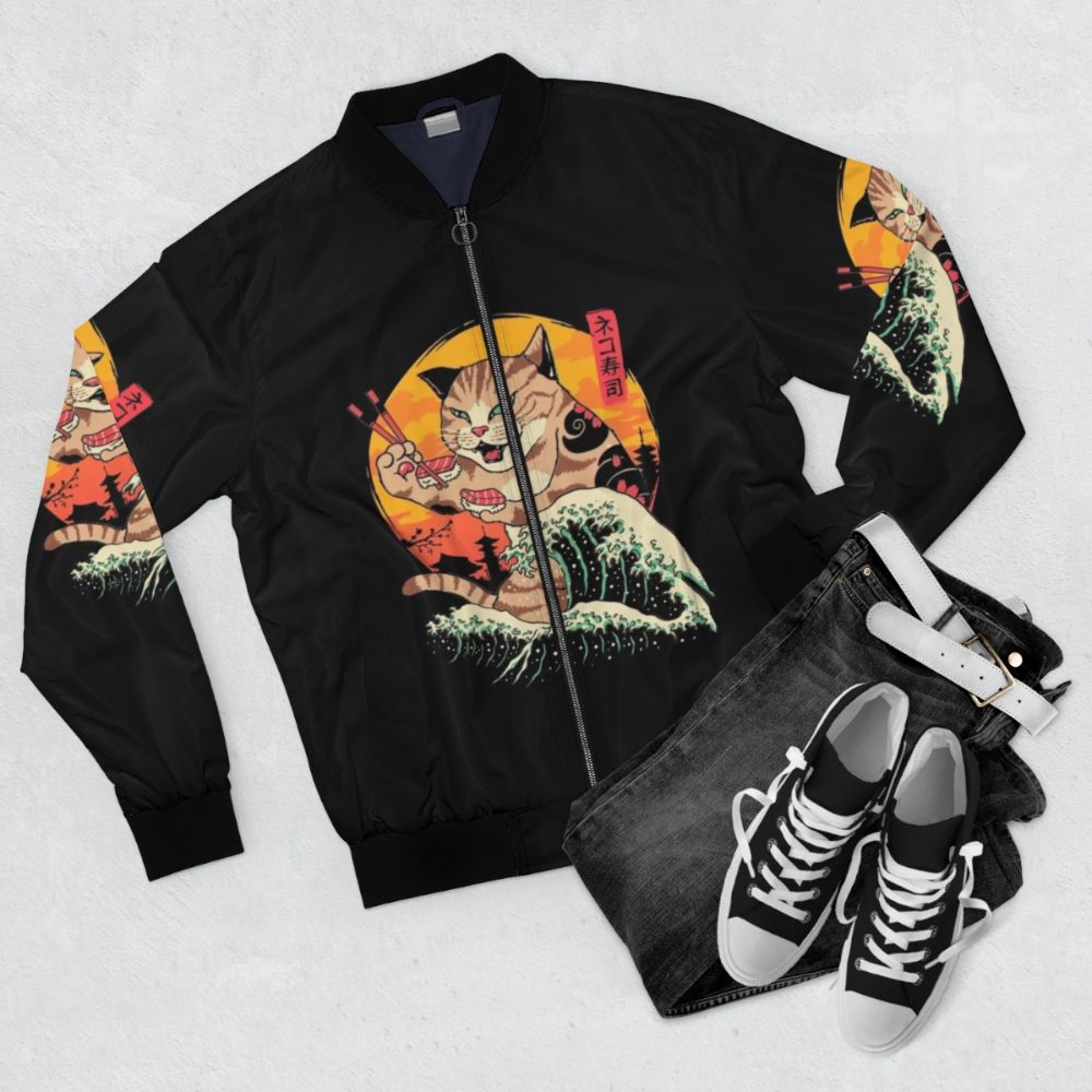 Retro wave-inspired bomber jacket featuring a design of a cat surrounded by sushi and Japanese-style waves - Flat lay