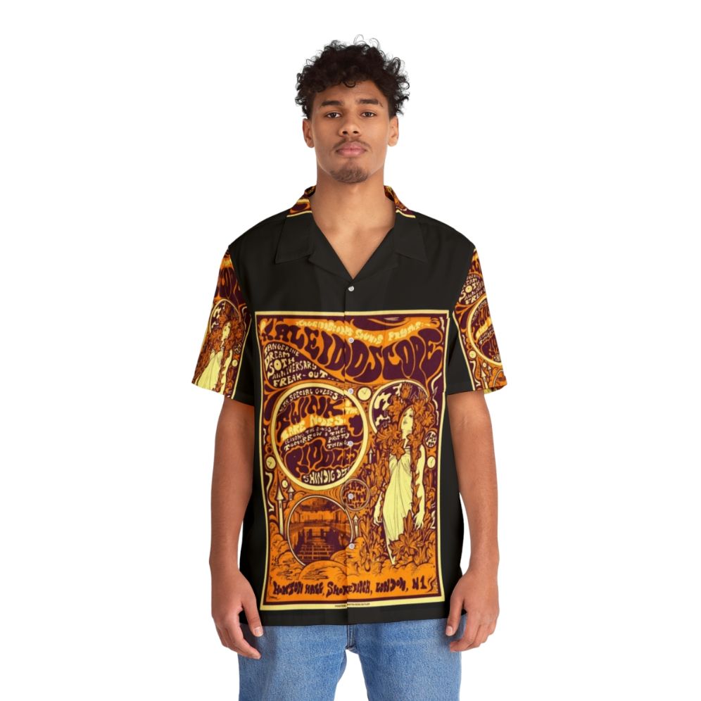 Psychedelic Kaleidoscope Hawaiian Shirt with Retro 60s Music Graphics - People Front