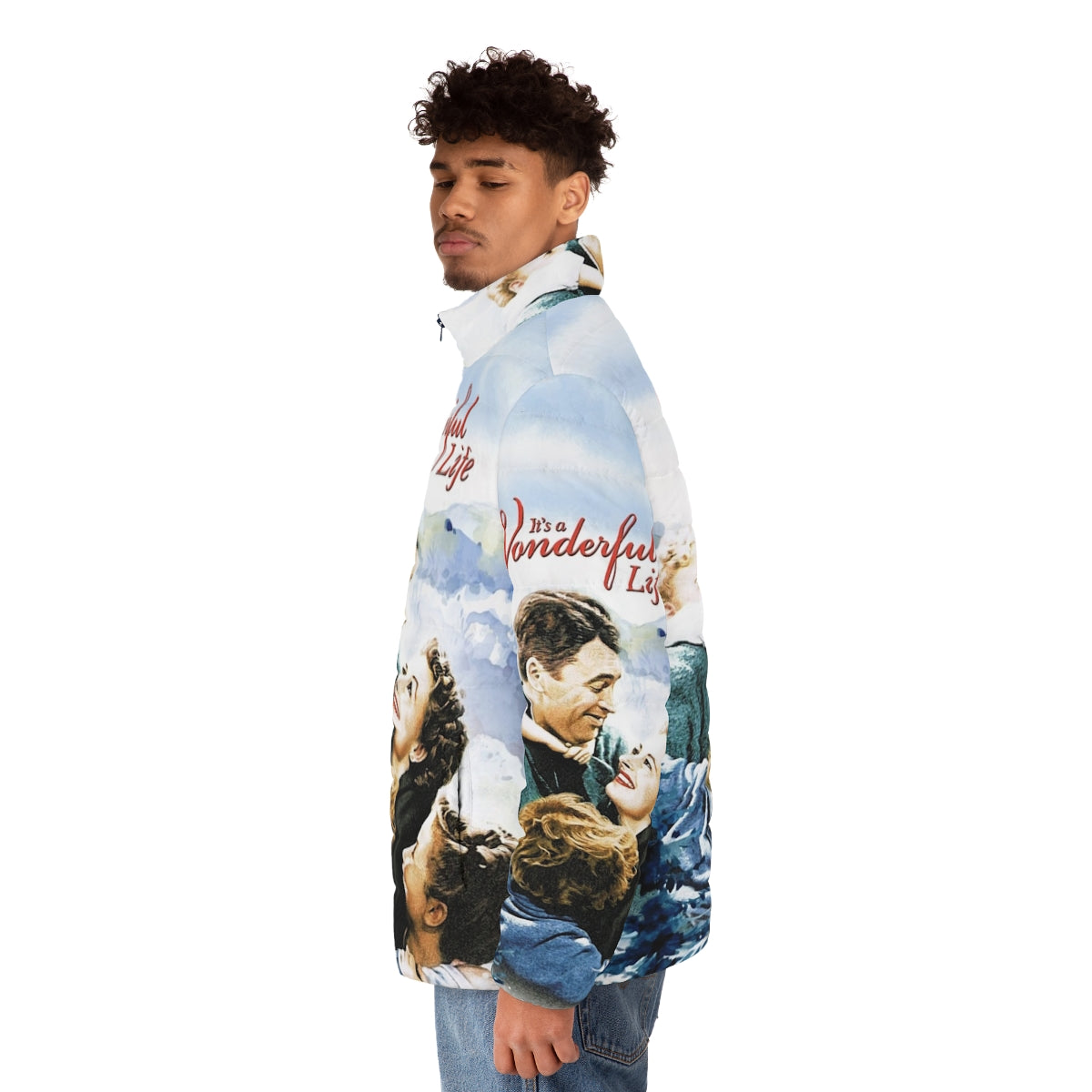 Cozy puffer jacket featuring a scenic winter landscape from the classic Christmas movie 'It's a Wonderful Life' - men side left