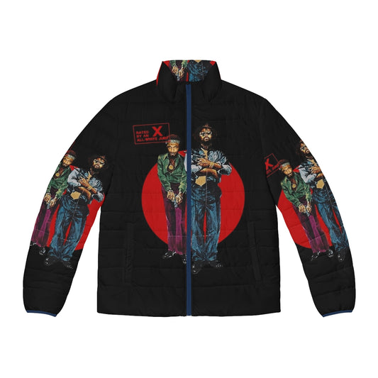 Anime-inspired Jpn Ui puffer jacket with Super Saiyan design