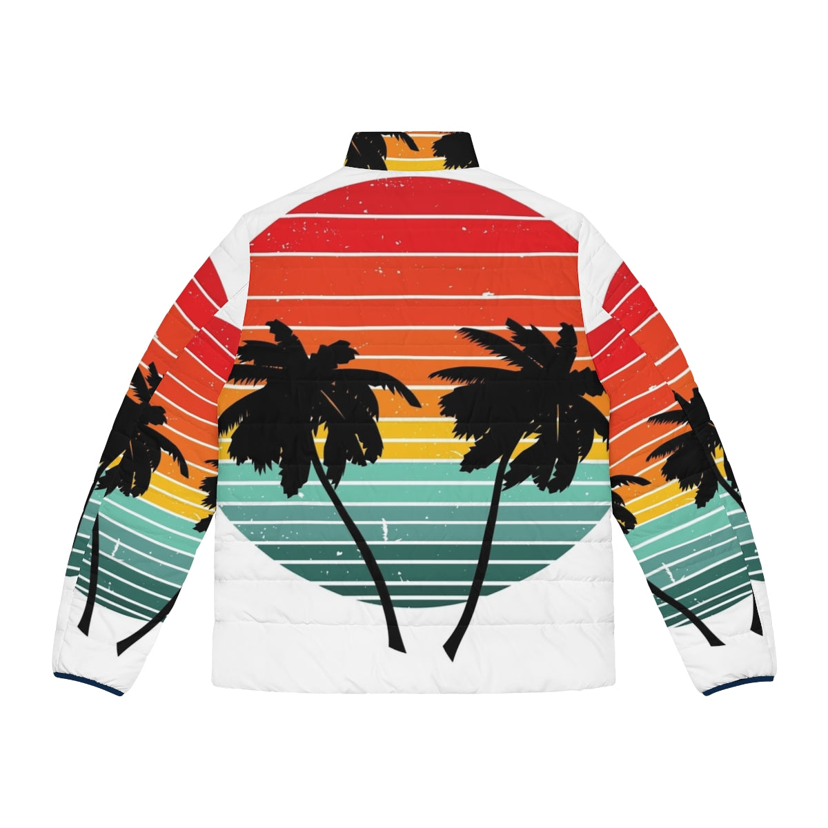 Black puffer jacket with vibrant orange, palm, and sunrise inspired design - Back