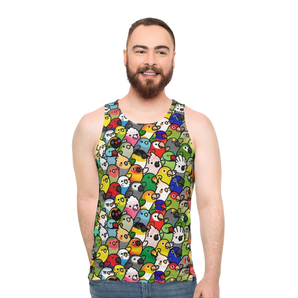 Unisex tank top with a vibrant tropical bird pattern - men